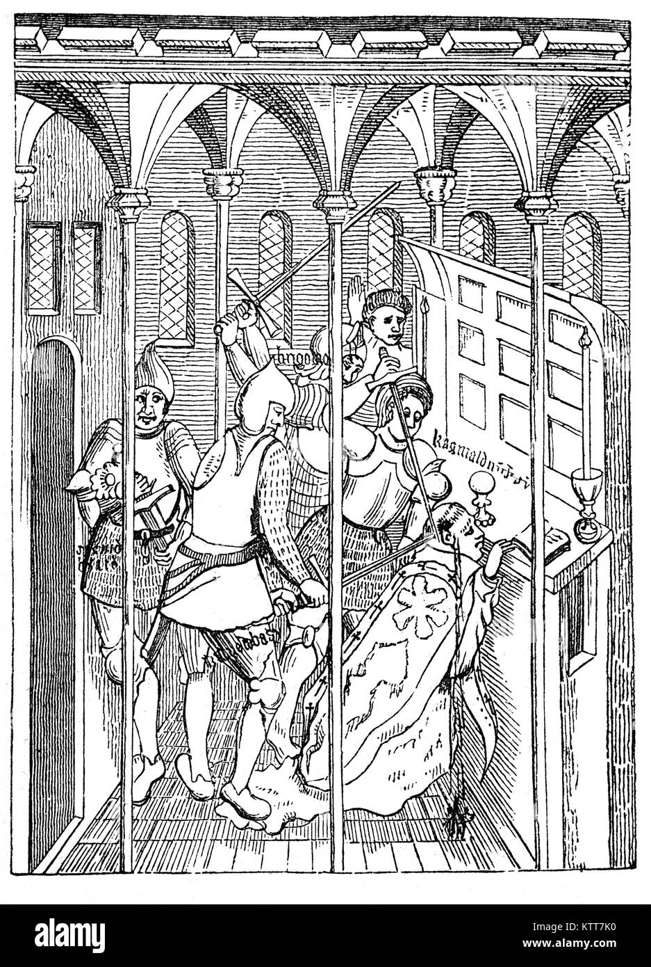 Thomas Becket aka Hl. Thomas von Canterbury oder Thomas à Becket (1119-1170) war Erzbischof von Canterbury von 1162 bis 1170. Er nahm eine gegensaetzliche Auffassung zu Heinrich II. über die Rechte und Privilegien der Kirche und wurde von Anhängern des Königs in der Kathedrale von Canterbury nach unsterbliche Henry's Worte ermordet", wird niemand Befreie mich von diesem aufdringlichen Priester?" (oder turbulente Priester). Als Heiliger und Märtyrer, die sowohl von der katholischen Kirche und der Anglikanischen Gemeinschaft verehrt wird, wurde er von Papst Alexander III. kurz nach seinem Tod heilig gesprochen. Stockfoto