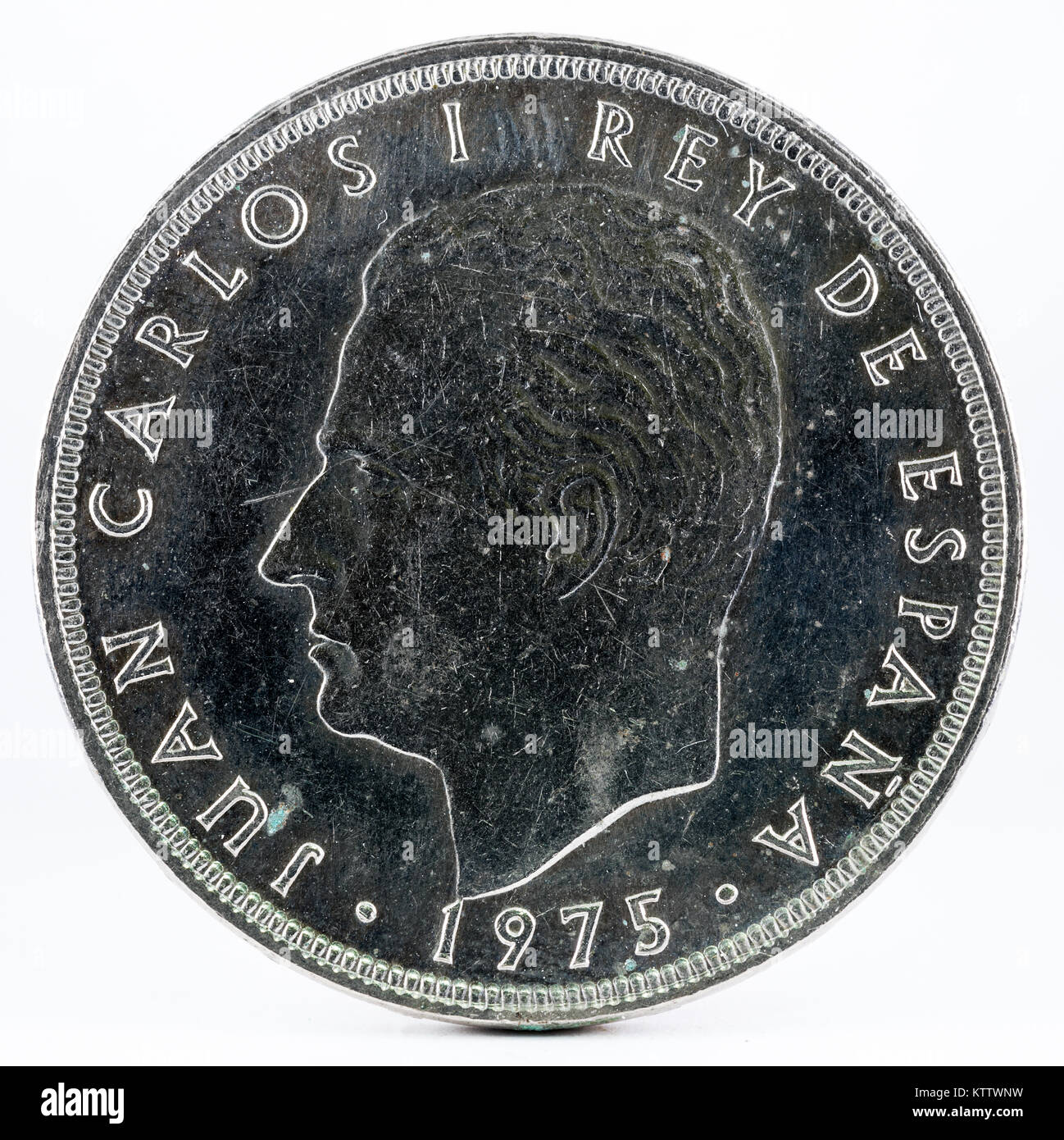 Alte spanische Münze von 100 Peseten, Juan Carlos I. prägte in Nickel. Jahr 1975, 1976 in den Sternen. Stockfoto