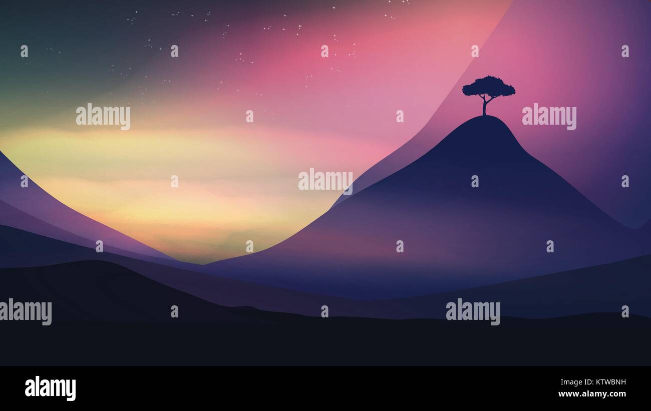 Sonnenuntergang in den Bergen mit einem einsamen Baum-Vector Illustration Stock Vektor