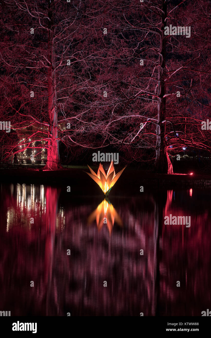 Weihnachten Pagode mit See Blume und Baum Lichtern an der RHS Wisley Gardens, Surrey, England. Weihnachten Leuchten Festival 2017 Stockfoto