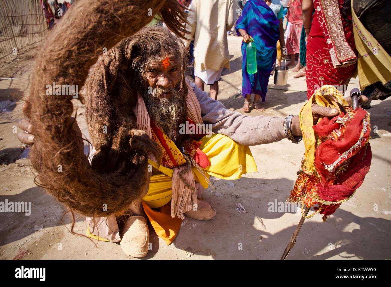 Sadhu mit enormen dreadlock Geflecht in 2013 Kumbha Mela in Allahabad (prayag) Stockfoto