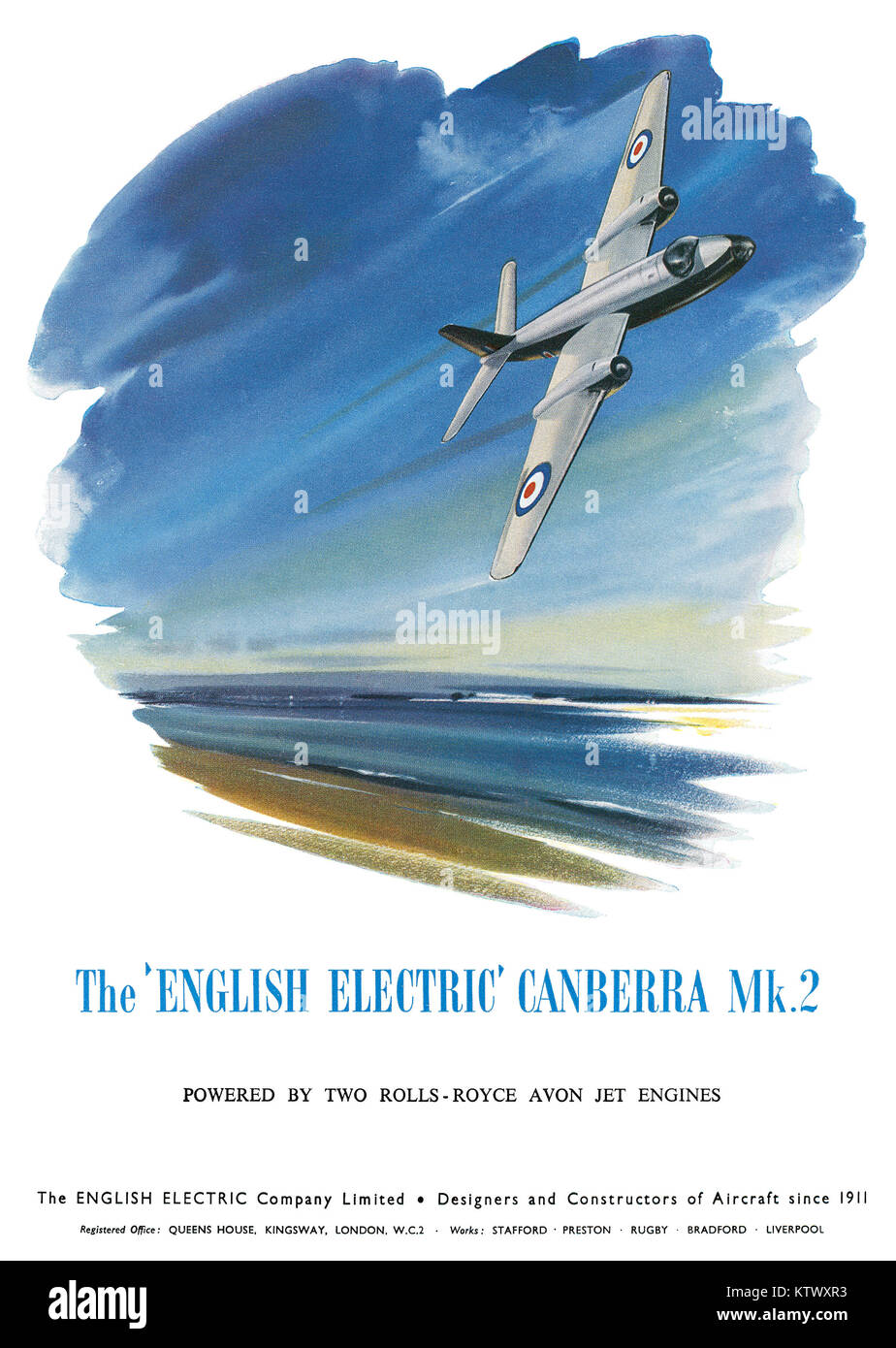 1951 britischen Werbung für die English Electric Canberra Mk. 2 Jet mittlerer Bomber Flugzeug mit Strom versorgt. Stockfoto