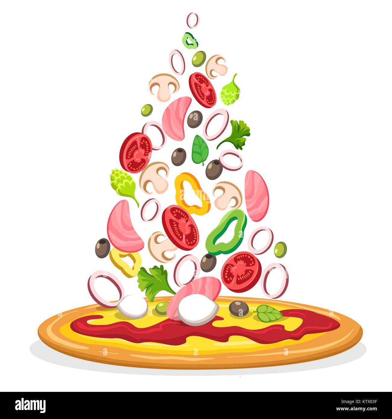 Pizza mit Zutaten. Classic Schinken Pizza Poster mit frischen Zutaten kochen für die ganze Pizza auf weißem Hintergrund, Vektor illust Stock Vektor