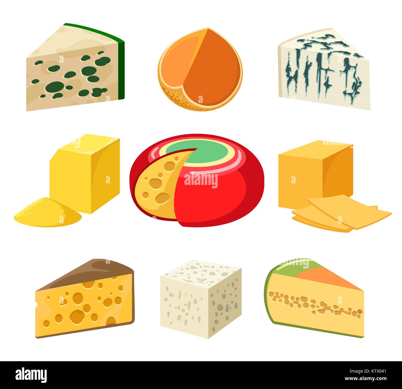 Käse. die Käse Typen und Schichten Feinkost Lebensmittel isoliert auf weißem, Gouda und Feta, Parmigiano und Cheddar, Gorgonzola und Roquefort, Vektor il Stock Vektor