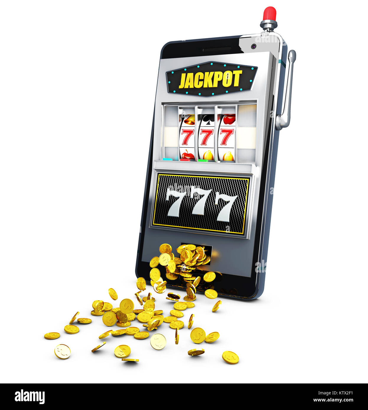 Slot Maschine mit Lucky sevens Jackpot. 3D-Darstellung Stockfoto