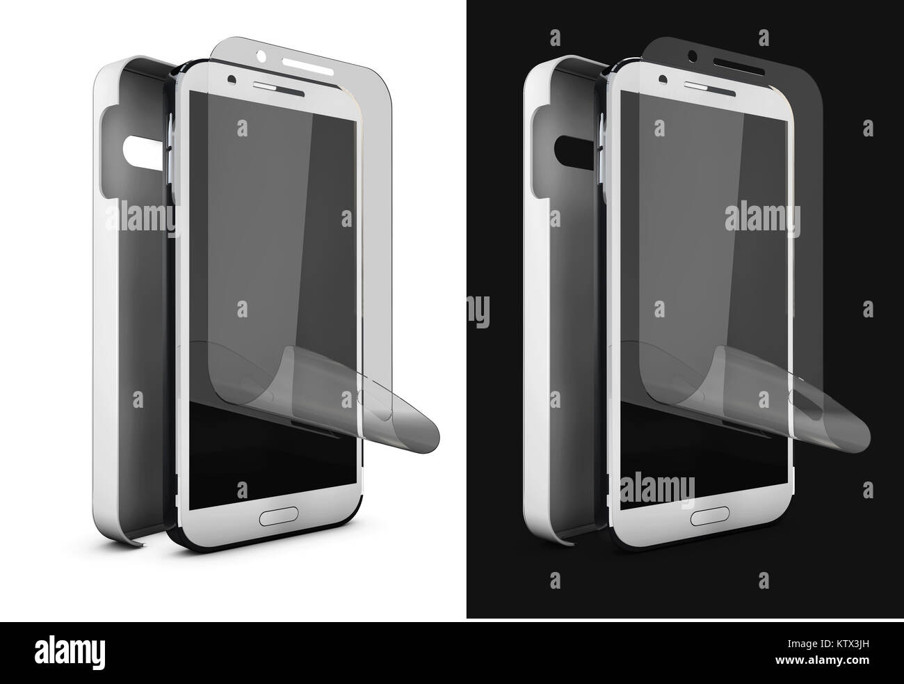 3D-Darstellung der Handy Schutz Folie auf dem Bildschirm und die Abdeckung. Smartphone Display mit protector Glas. Auf schwarz und wite isoliert. Stockfoto