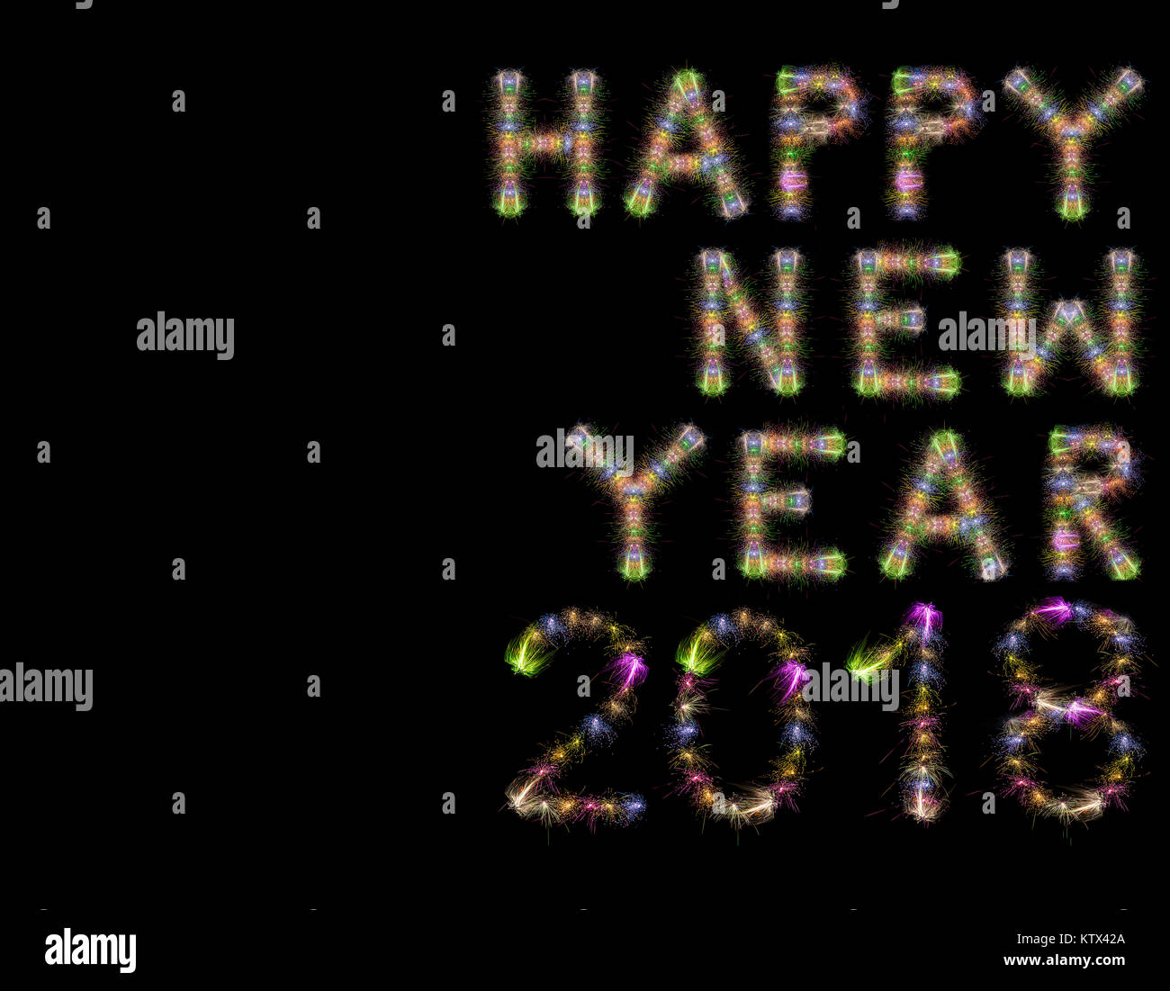 Frohes Neues Jahr 2018 mit bunten glitzernden Feuerwerk über dem schwarzen Himmel/Hintergrund Stockfoto