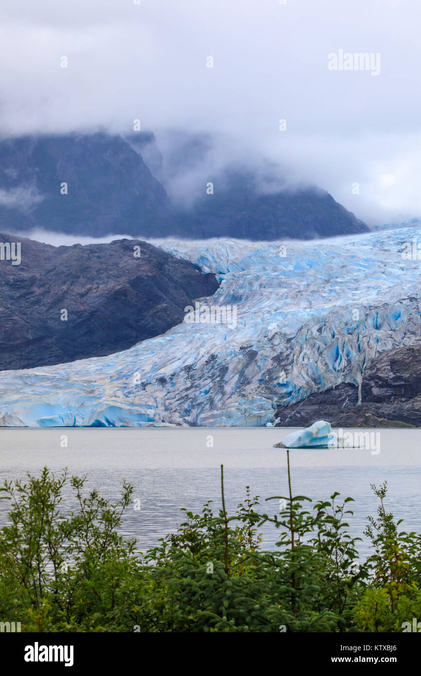 Mendenhall Gletscher und den See, mit Eisberg, helle blaue Eis, Wald und Nebel, von Visitor Centre, Juneau, Alaska, Vereinigte Staaten von Amerika, North Amer Stockfoto