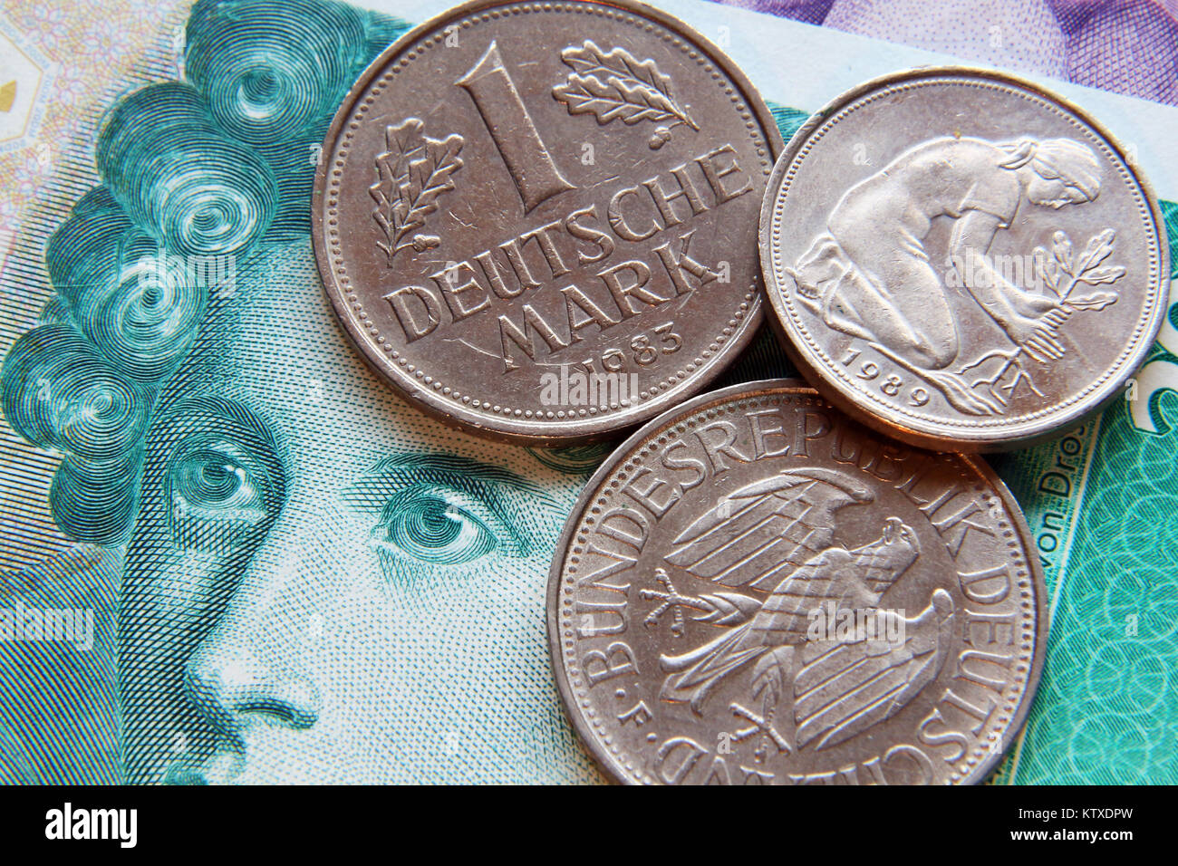 Deutsche Mark Banknote und Münze, vintage Stockfoto