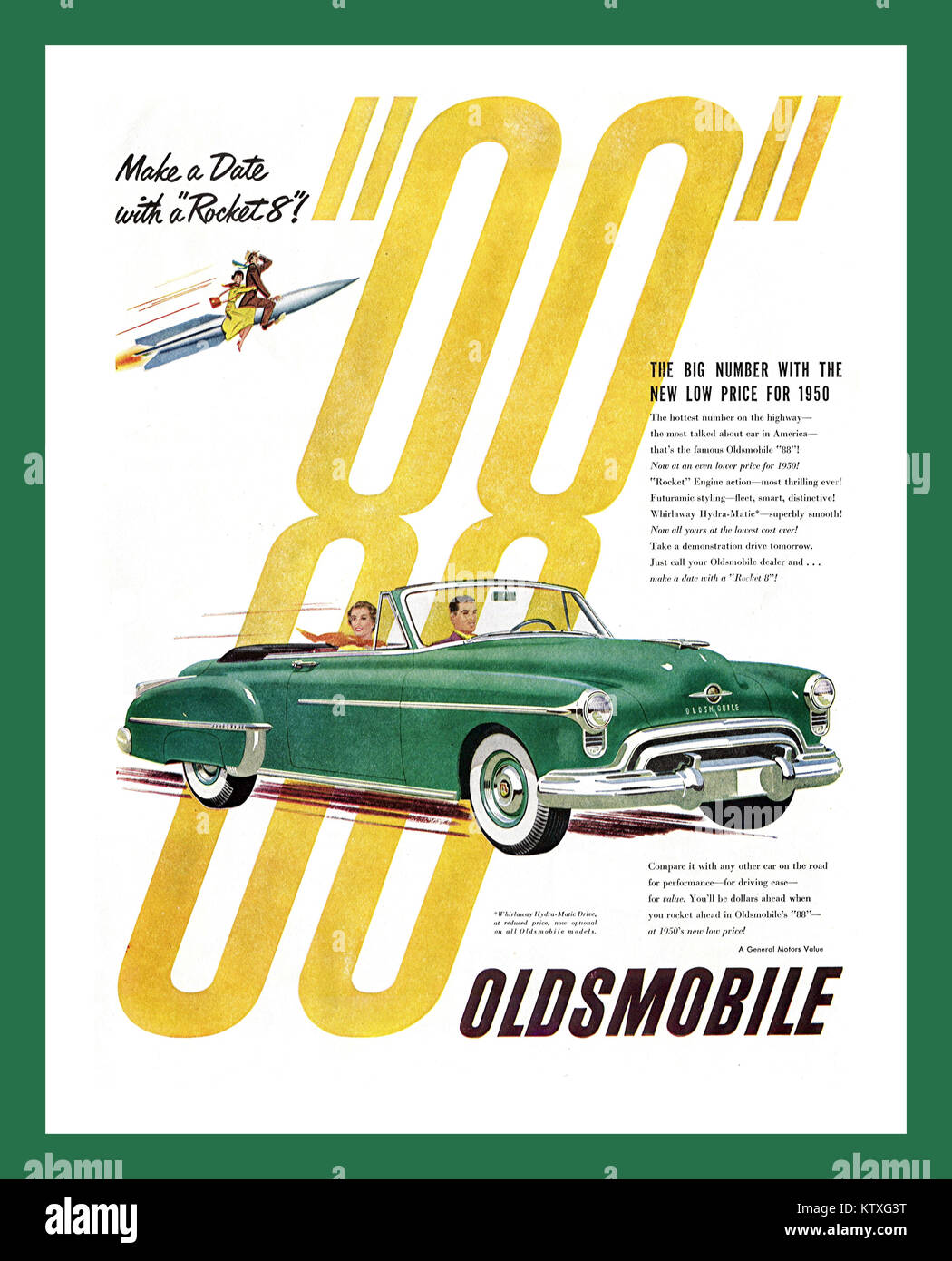 OLDSMOBILE 88 Vintage 1949-50er Jahre amerikanische Auto-Werbung für das Oldsmobile 88 (bekannt als Rocket Eighty Eighty Eight) ein Full-Size-Auto, das von Oldsmobile in verschiedenen Formen von 1949 bis 1999 verkauft und produziert wurde Stockfoto