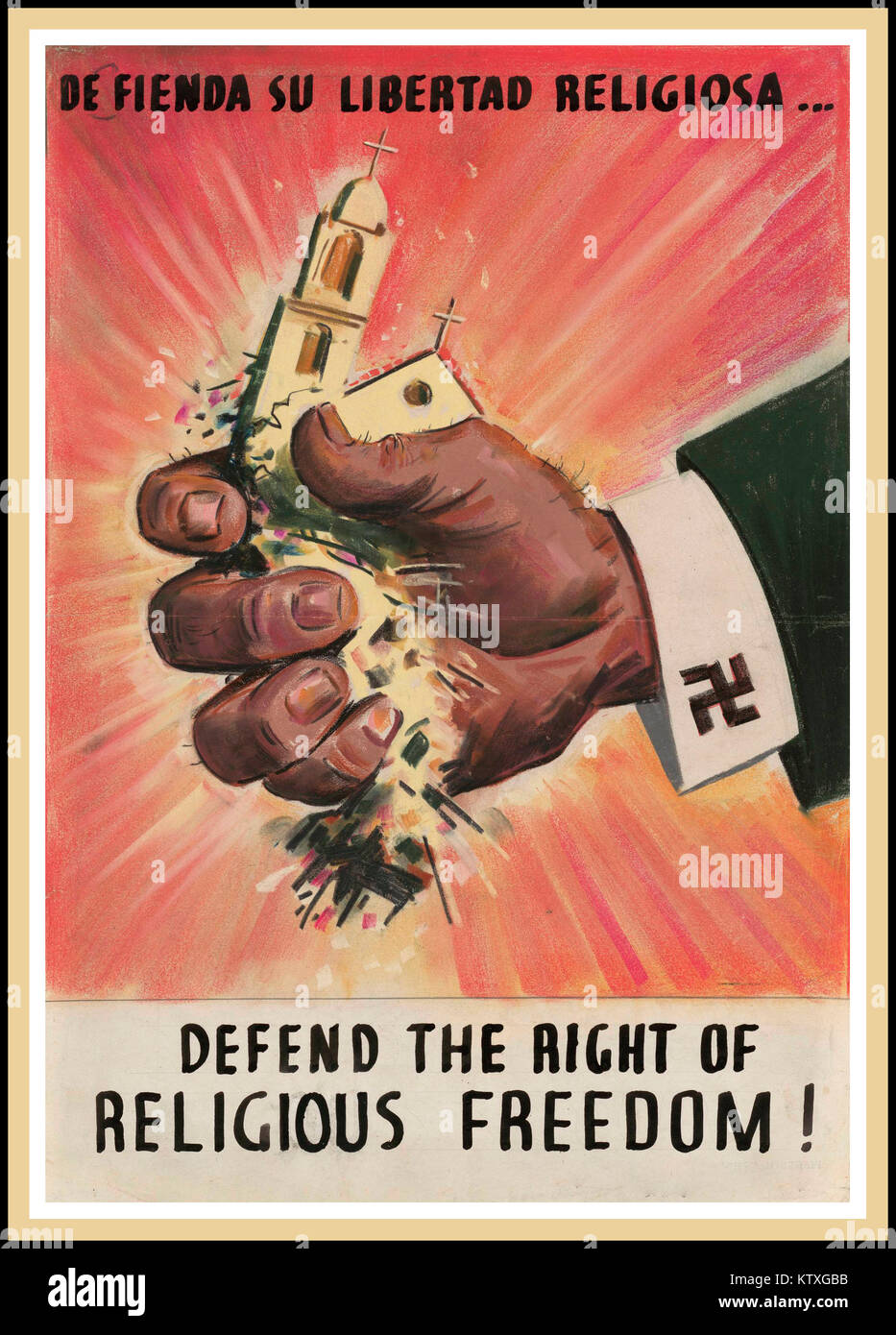 Die WW2 1940 USA Propaganda Poster das Recht auf Religionsfreiheit zu verteidigen! Weltkrieg Plakat von Leon Helguera für das Office of War Information, Stockfoto