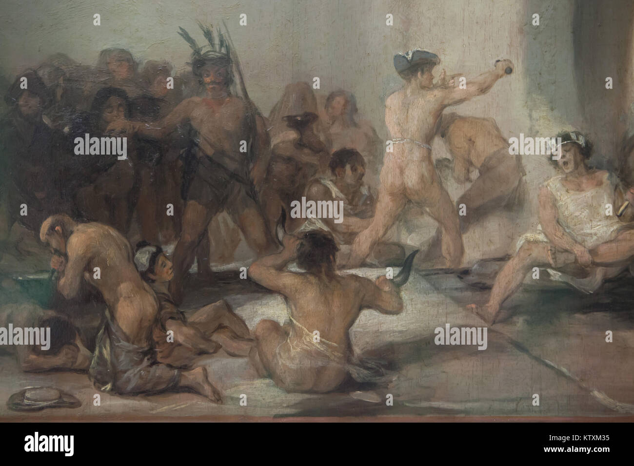 Psychisch kranke Personen im Detail des Gemäldes dargestellt "Irrenhaus" von spanischen Maler Francisco Goya (Ca. 1812-1819), die in der Real Academia de Bellas Artes de San Fernando (Königliche Akademie der Schönen Künste von San Fernando) in Madrid, Spanien. Stockfoto