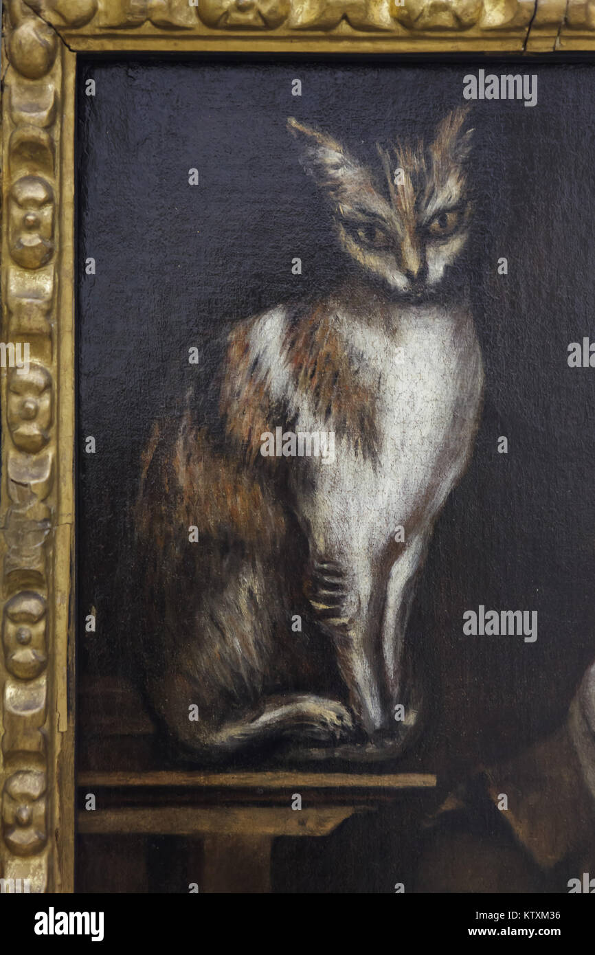 Cat dargestellt in dem Gemälde "Die Familie von El Greco' zugeschrieben an seinen Sohn Jorge Manuel Theotocópuli (Ca. 1605), die in der Real Academia de Bellas Artes de San Fernando (Königliche Akademie der Schönen Künste von San Fernando) in Madrid, Spanien. Stockfoto