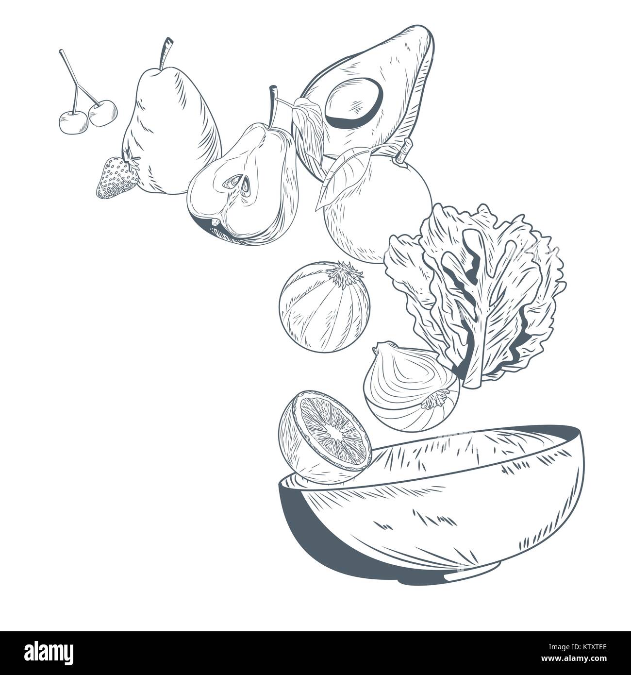 Gemüse und Früchte auf Schüssel Hand zeichnen Stock-Vektorgrafik - Alamy