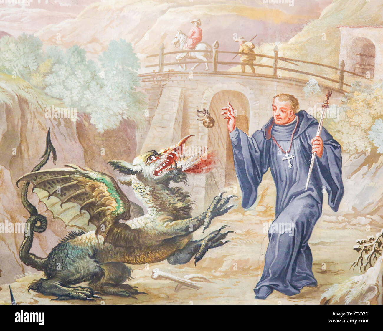 Fresko des Heiligen Magnus oder Mang, Ausstoß ein Drache aus dem Land, das er für das Kloster von Füssen in Bayern, Deutschland. Stockfoto