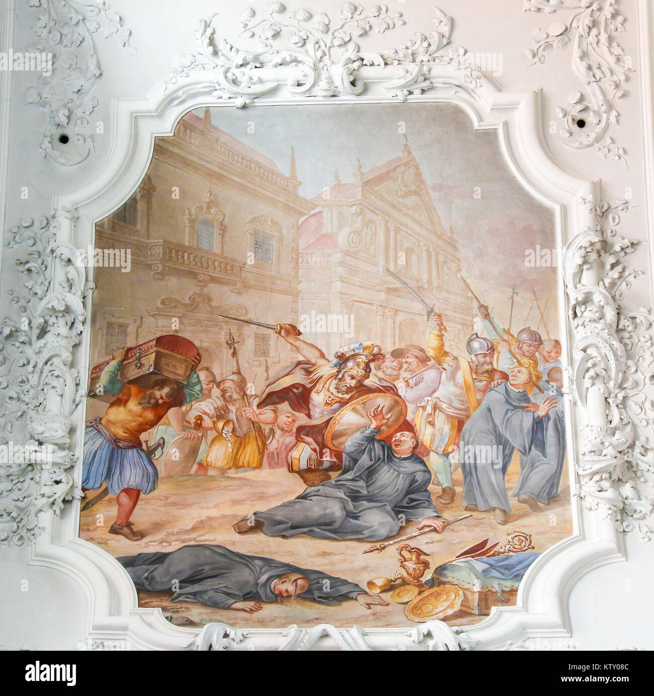 Fresko eine Szene aus dem Leben des Heiligen Magnus von Füssen, Sankt Mang, in der Basilika von Füssen, Bayern, Deutschland. Stockfoto