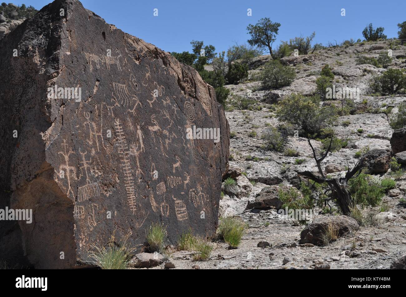 Prähistorische Indianische Felszeichnungen auf einem Felsen an der grossen Felsen, Wüste, 24. Juni, in Nevada 2010. Stockfoto