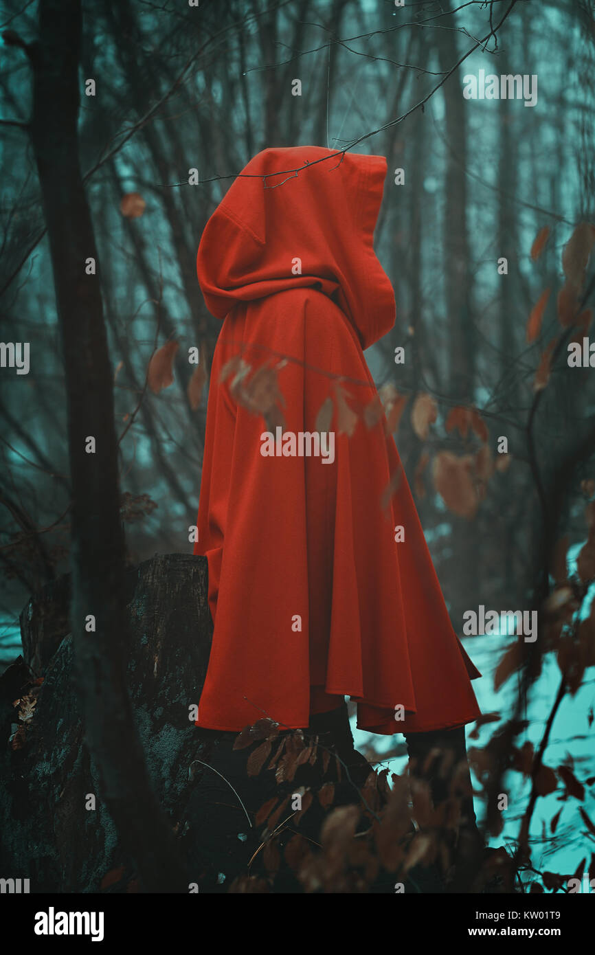 Geheimnisvolle rot vermummte Person in Misty woods Stockfoto
