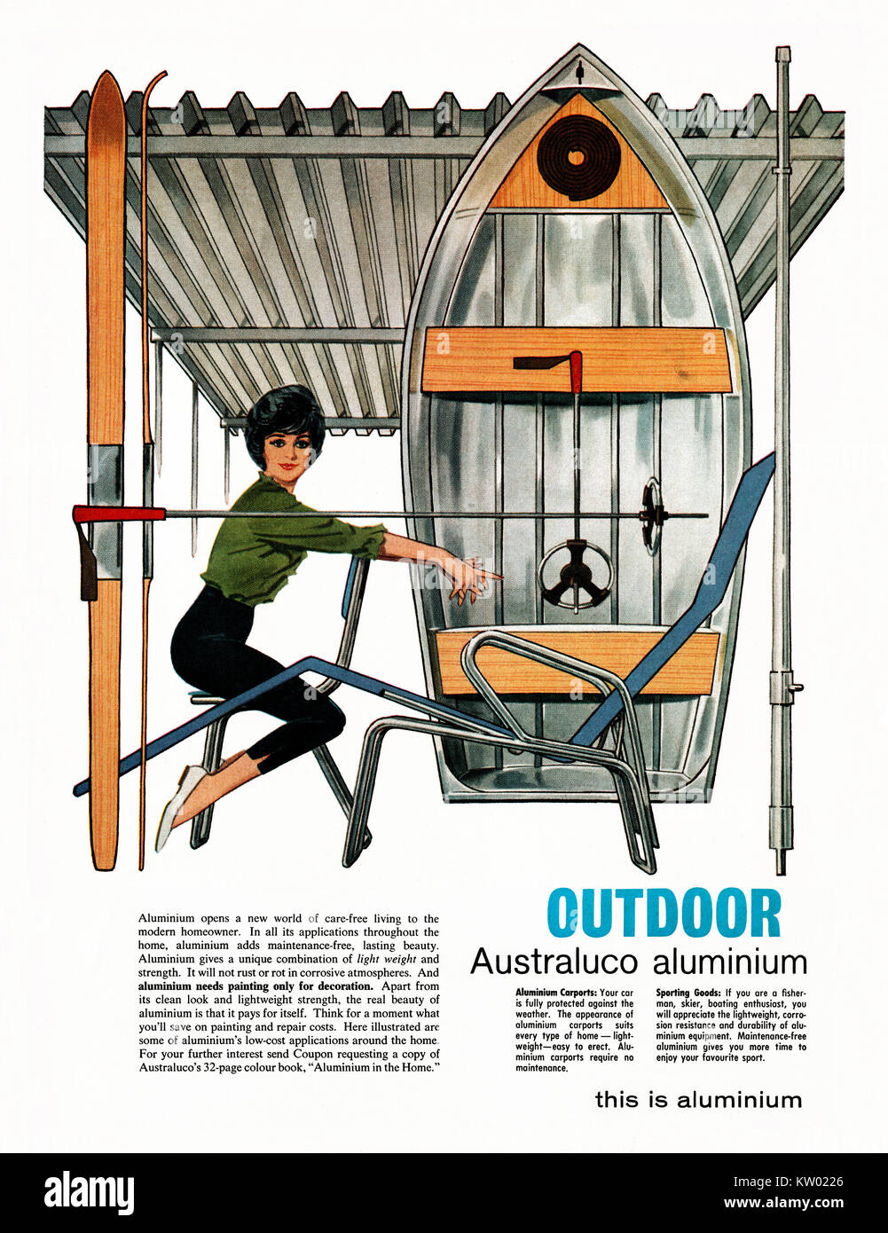 Ein 1962 Anzeige in einer australischen Magazin für Australuco (Die australische Aluminium Company) für ihre Produkte aus Metall für den Einsatz rund ums Haus Konzentration auf im Freien verwendet für die Metall - in Einzelteile wie Blatt Material für Bedachungen, Gartenmöbeln und Boote Stockfoto