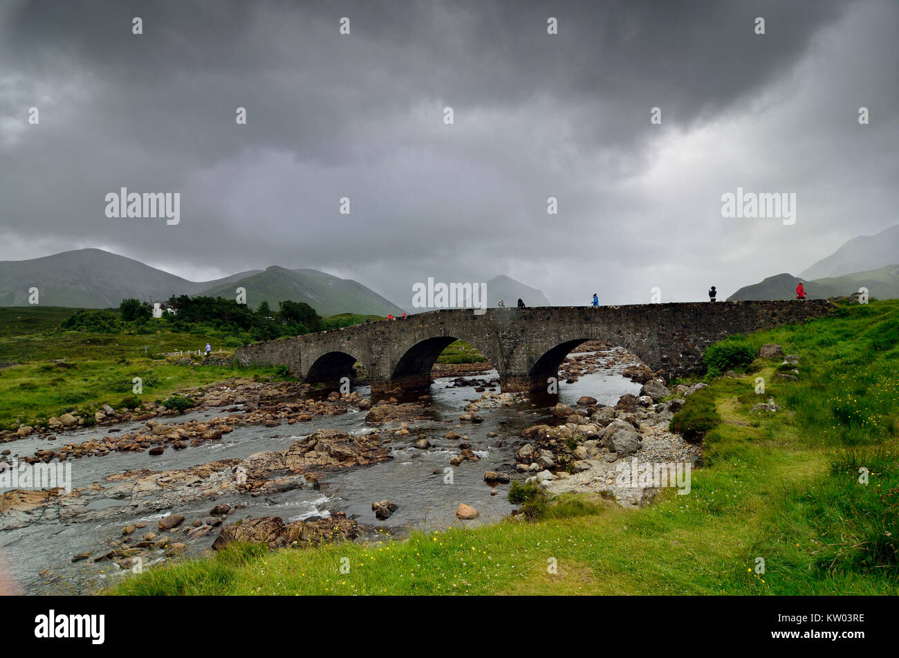 Schottland, Isle of Skye, Sligachan Brücke und Schwarz Cuilins, Schottland, Brücke und Schwarz Cuilins Sligachan Stockfoto