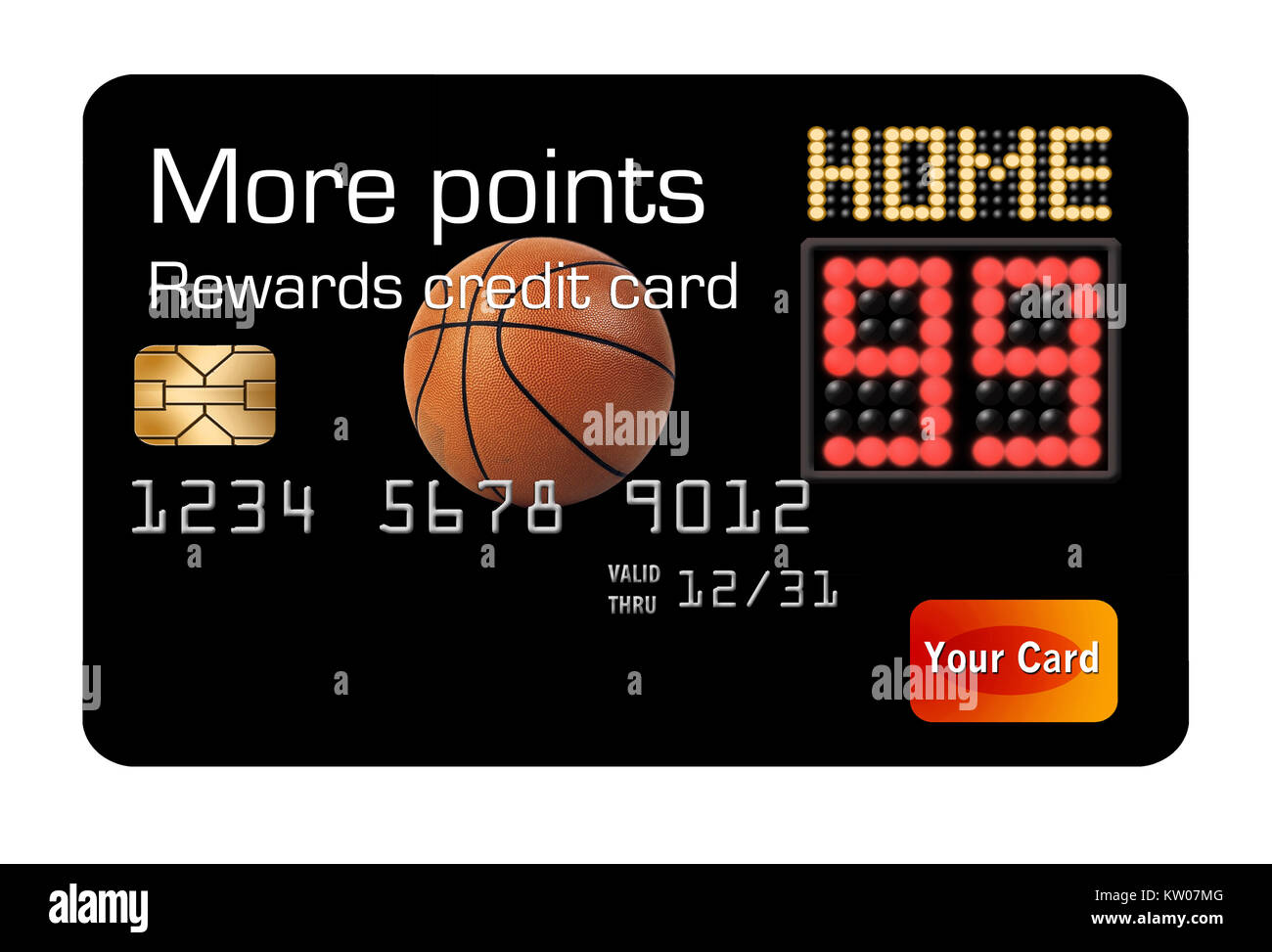 Punkte auf einer Anzeigetafel für Basketball gehen mit dem Thema des Erhaltens einer Kreditkarte, die mehr Punkte bietet, hängt von Ihren Käufen gezeigt. Stockfoto