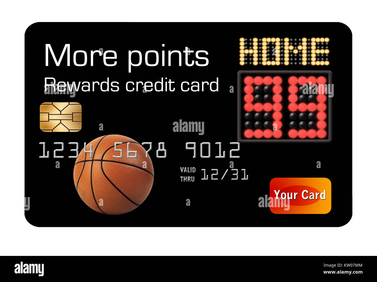 Punkte auf einer Anzeigetafel für Basketball gehen mit dem Thema des Erhaltens einer Kreditkarte, die mehr Punkte bietet, hängt von Ihren Käufen gezeigt. Stockfoto