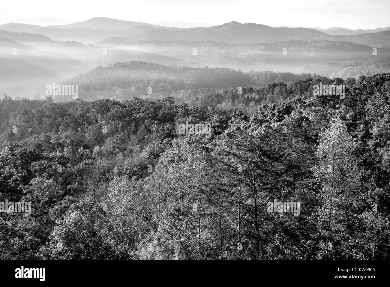 Die Sonne über die Berge der Great Smoky Mountains National Park an der Spitze der Farben der Herbst. Dieser ist auf der Suche nach Osten in den Smoky Mountains Stockfoto