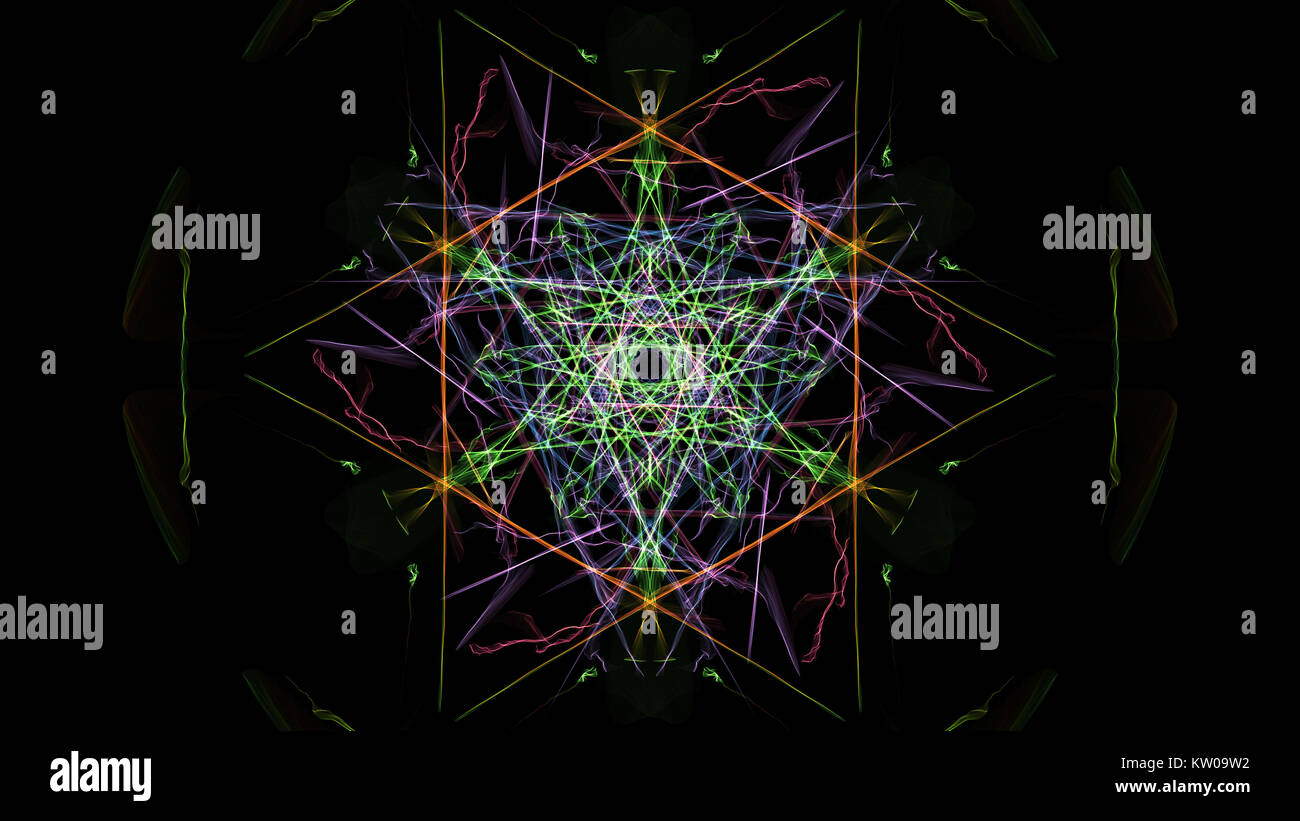 Moderne abstrakte farbige Linien auf schwarzem Hintergrund. Seide Symmetrie Serie. Stockfoto