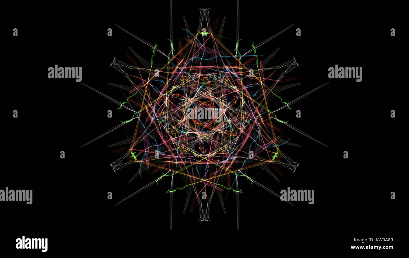 Abstrakte Kunstwerke. Bunte Linien mit Partikeln auf schwarzem Hintergrund. Seide Symmetrie Serie. Stockfoto