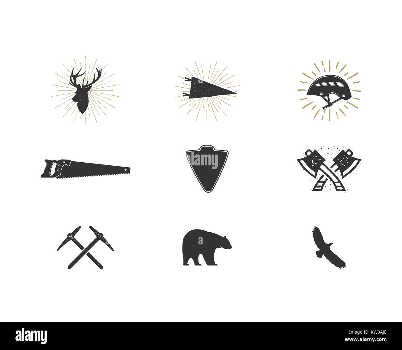 Outdoor Adventure silhouette Symbole gesetzt. Klettern und Holzfäller formen Kollektion. Einfache schwarze Piktogramme bündeln. Verwenden Sie für die Erstellung von Logo, Etiketten und anderen wandern, surfen Designs. isoliert auf Weiss. Stockfoto