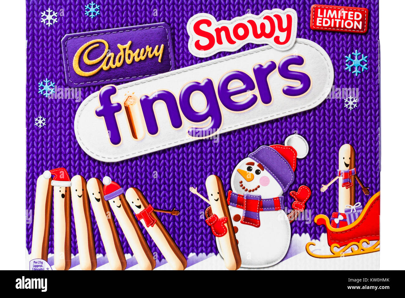 Box limited edition Cadbury Snowy Finger - frische Kekse zum Teil in weißer Schokolade und Milch Schokolade auf weißem Hintergrund Stockfoto