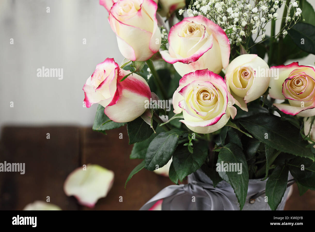 Schönen Blumenstrauß aus roten und weißen Rosen mit Baby's Atem in einem Metall Landhausstil Vase. Selektiver Fokus auf Rosen im Vordergrund mit extremen shal Stockfoto