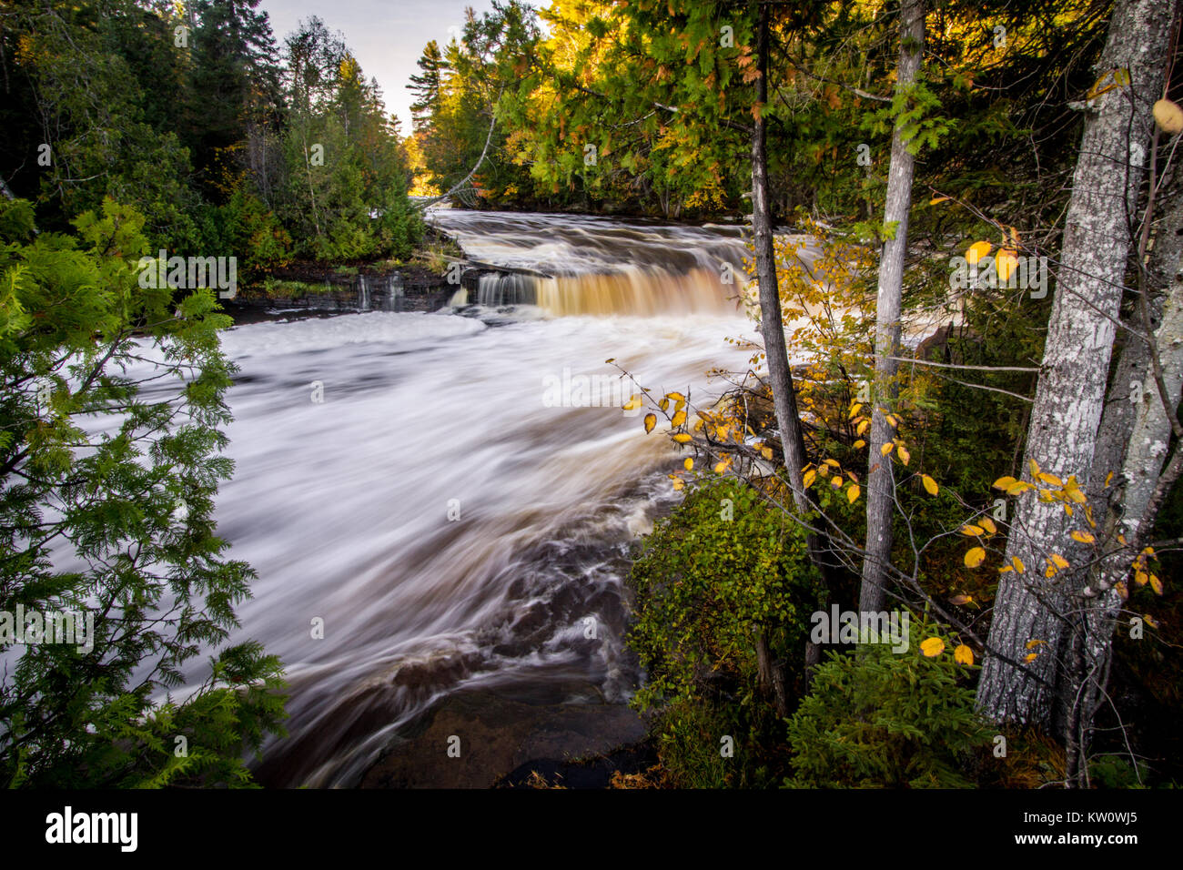 Herbst Wildnis Wasserfall Hintergrund. Untere Tahquamenon fällt während der Herbst Laub an Tahquamenon Falls State Park. Obere Halbinsel, Michigan Stockfoto