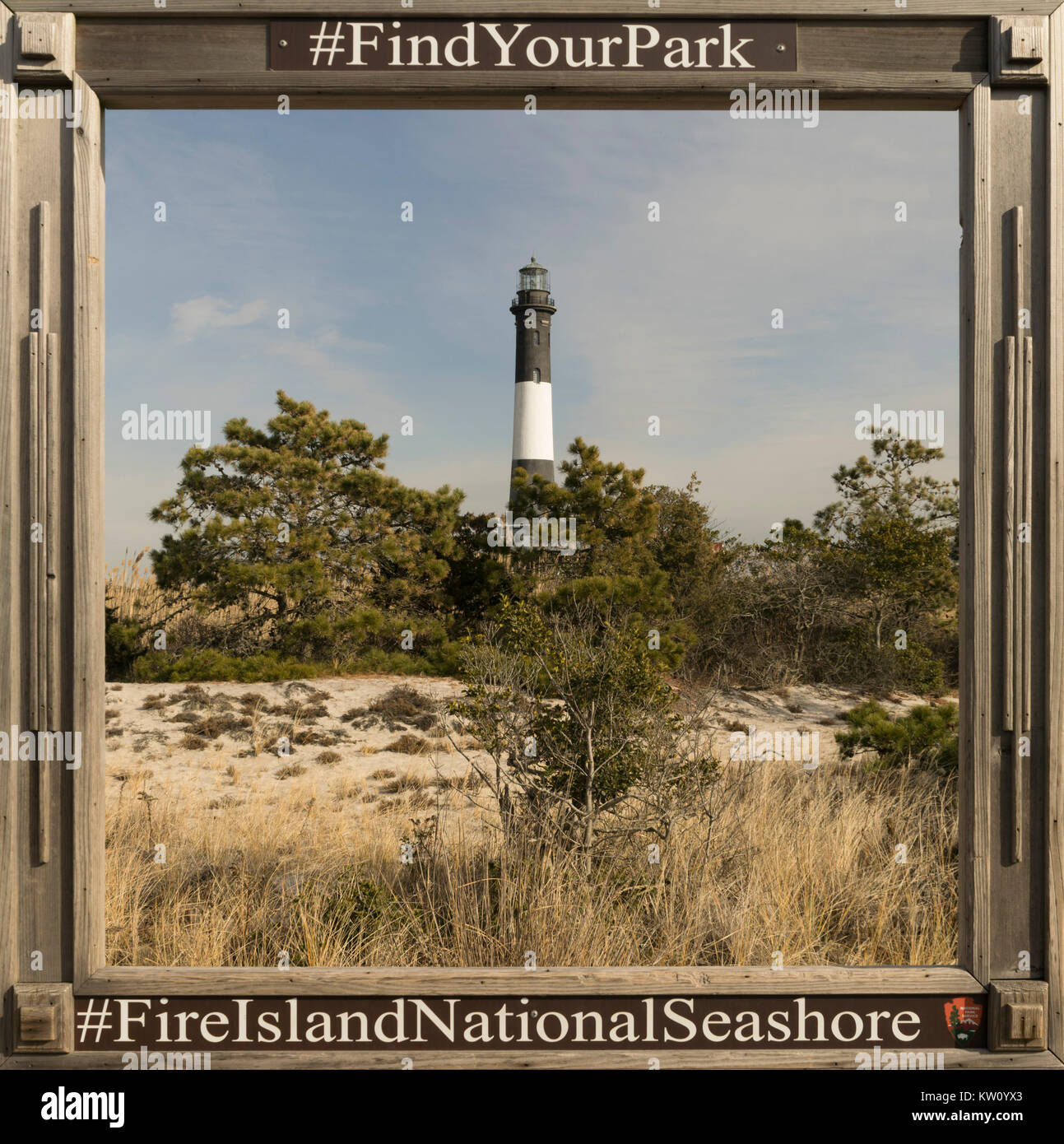 Fire Island Lighthouse View aus Holz Rahmen auf Fire Island (Long Island). New York Stockfoto