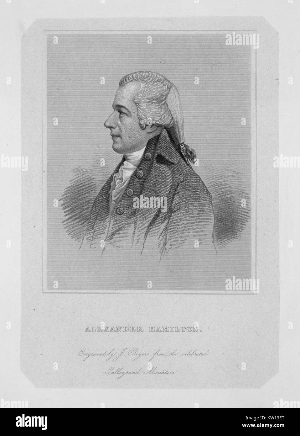 Eine radierung von einem Porträt von Alexander Hamilton, er war einer der Gründerväter der Vereinigten Staaten von Amerika, als Chief personal Berater von George Washington während des Amerikanischen Unabhängigkeitskrieges und war der erste Außenminister der Vereinigten Staaten die Schatzkammer, 1846. Von der New York Public Library. Stockfoto