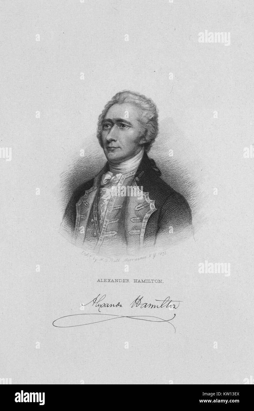 Eine radierung von einem Porträt von Alexander Hamilton, er war einer der Gründerväter der Vereinigten Staaten von Amerika, als Chief personal Berater von George Washington während des Amerikanischen Unabhängigkeitskrieges und war der erste Außenminister der Vereinigten Staaten die Schatzkammer, die radierung verfügt über eine Reproduktion von Hamilton's Signatur, 1846. Von der New York Public Library. Stockfoto