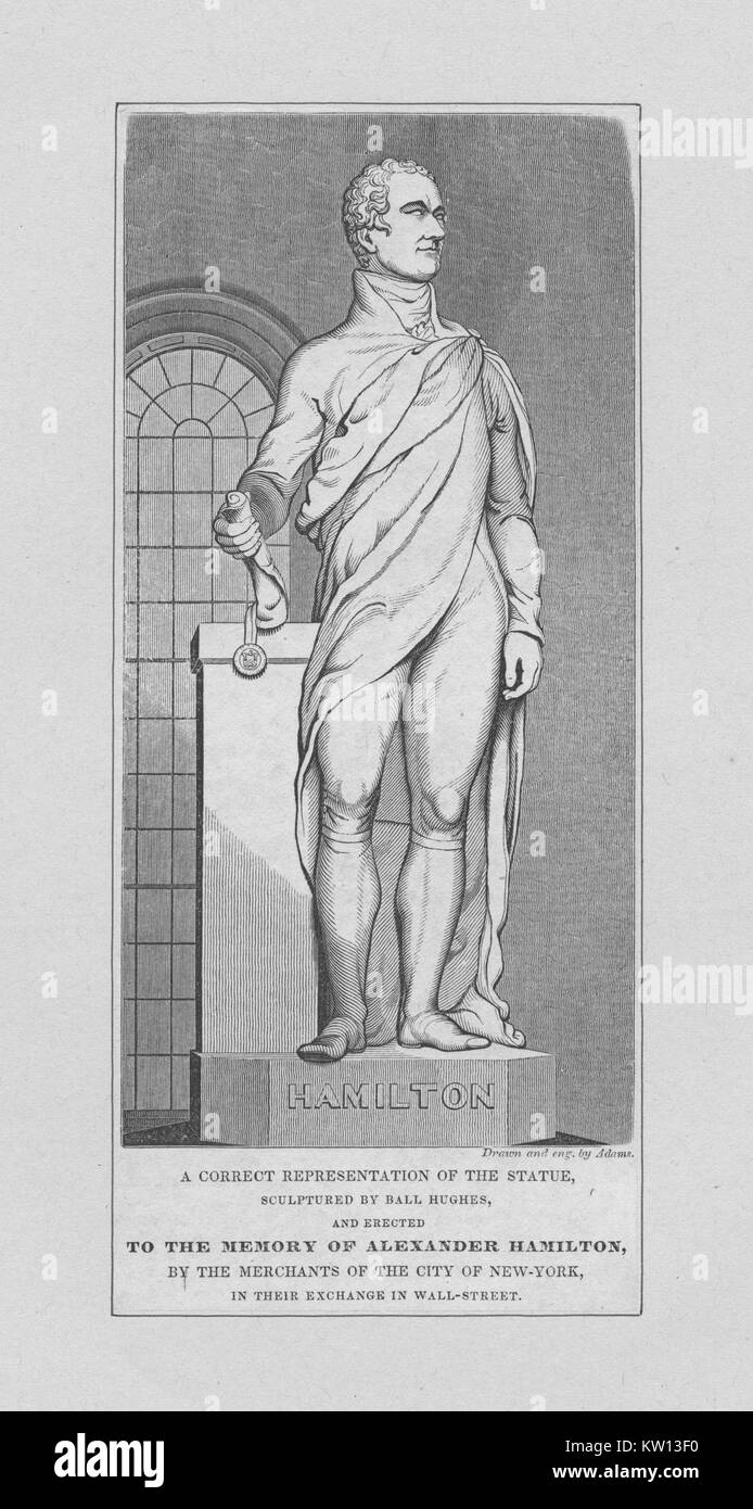 Ein holzschnitt von Statue von Alexander Hamilton, die Statue wurde von Ball Hughes geschnitzt und war die erste Marmorstatue in den Vereinigten Staaten produziert, Hamilton war einer der Gründerväter der Vereinigten Staaten von Amerika, als Chief personal Berater von George Washington während des Amerikanischen Unabhängigkeitskrieges und war der erste Außenminister der Vereinigten Staaten die Schatzkammer, 1846. Von der New York Public Library. Stockfoto