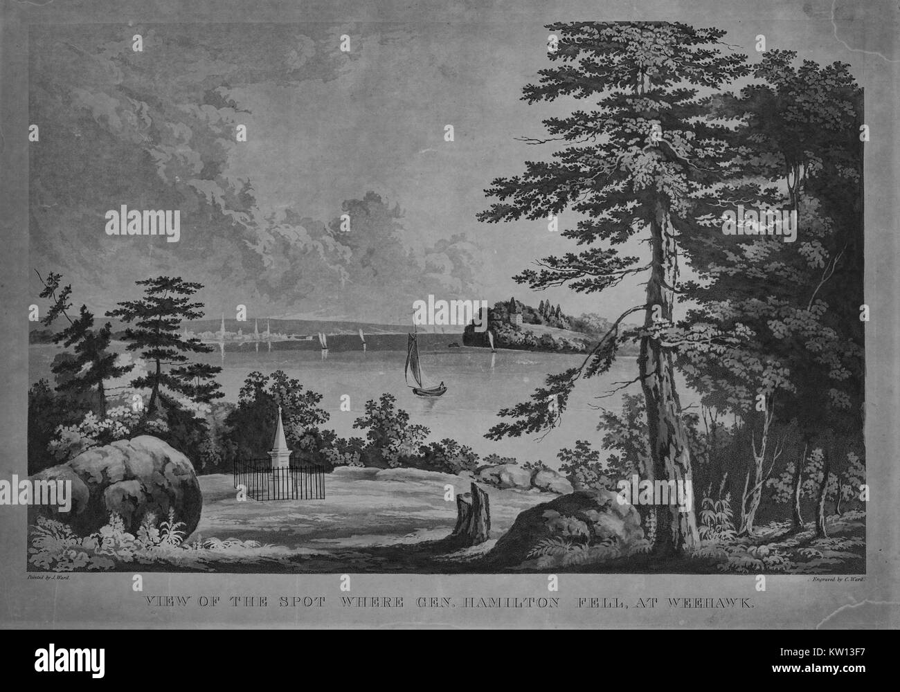 Einen farbigen Radierung von einer Landschaft Gemälde von dem Duell zwischen Alexander Hamilton und Aaron Burr, Hamilton war einer der Gründungsväter und der ehemalige Außenminister der Vereinigten Staaten die Schatzkammer, Aaron Burr war Politiker und Vizepräsident der Vereinigten Staaten, Hamilton und Grat hatte seit langem erbitterten Rivalität, die mit einem Duell, in denen Hamilton tödlich verwundet war, ein kleines Denkmal Statue in der Landschaft, Weehawken, New Jersey, 1830 sichtbar ist. Von der New York Public Library. Stockfoto