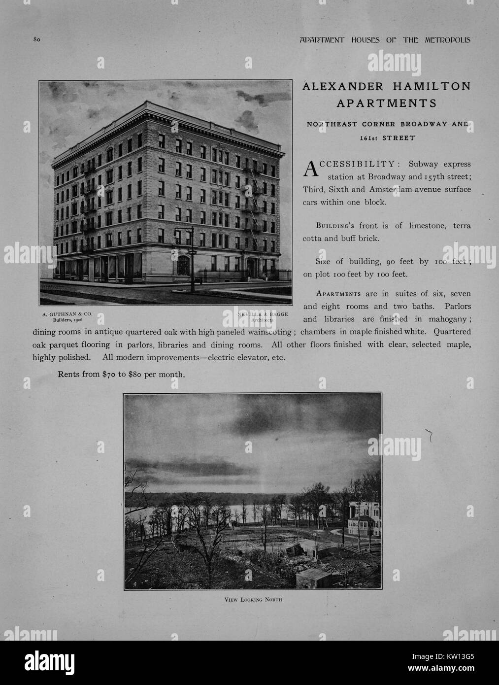 Eine gedruckte Werbung für Alexander Hamilton Apartments im Norden von Manhattan, der Flyer enthält Informationen über das Gebäude und die lokalen Annehmlichkeiten, es verfügt auch über ein Bild von der Außenseite des Gebäudes und ein Blick auf Manhattan Blick nach Norden vom Gebäude, New York, 1908. Von der New York Public Library. Stockfoto