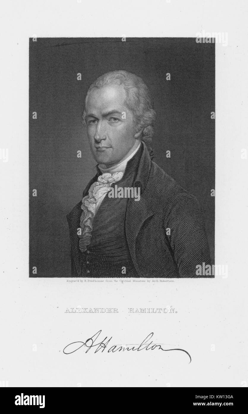 Eine radierung von einem Porträt von Alexander Hamilton, er war einer der Gründerväter der Vereinigten Staaten von Amerika, als Chief personal Berater von George Washington während des Amerikanischen Unabhängigkeitskrieges und war der erste Außenminister der Vereinigten Staaten die Schatzkammer, die radierung verfügt über eine Reproduktion von Hamilton's Signatur, 1846. Von der New York Public Library. Stockfoto