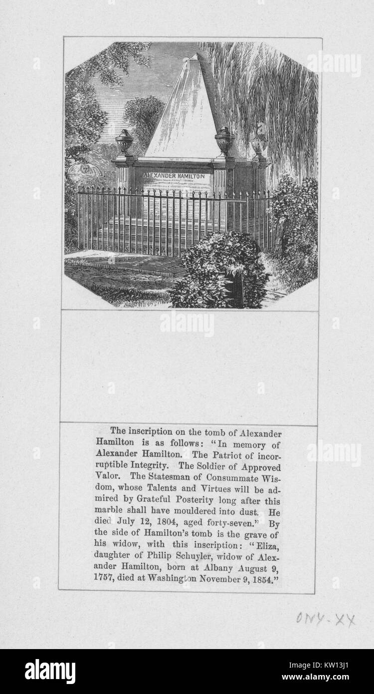 Eine Gravur der Grabanlage von Alexander Hamilton, der Marmor Grab durch einen Zaun und Bäume, Text unter dem Bild des Grabes der Inhalt der Gravur auf sein Grab und das seiner Frau Elizabeth's Grab Datensätze umgeben ist, Hamilton war einer der Gründerväter der Vereinigten Staaten von Amerika, als Chief personal Berater von George Washington während des Amerikanischen Unabhängigkeitskrieges und war der erste Außenminister der Vereinigten Staaten die Schatzkammer, 1880. Von der New York Public Library. Stockfoto