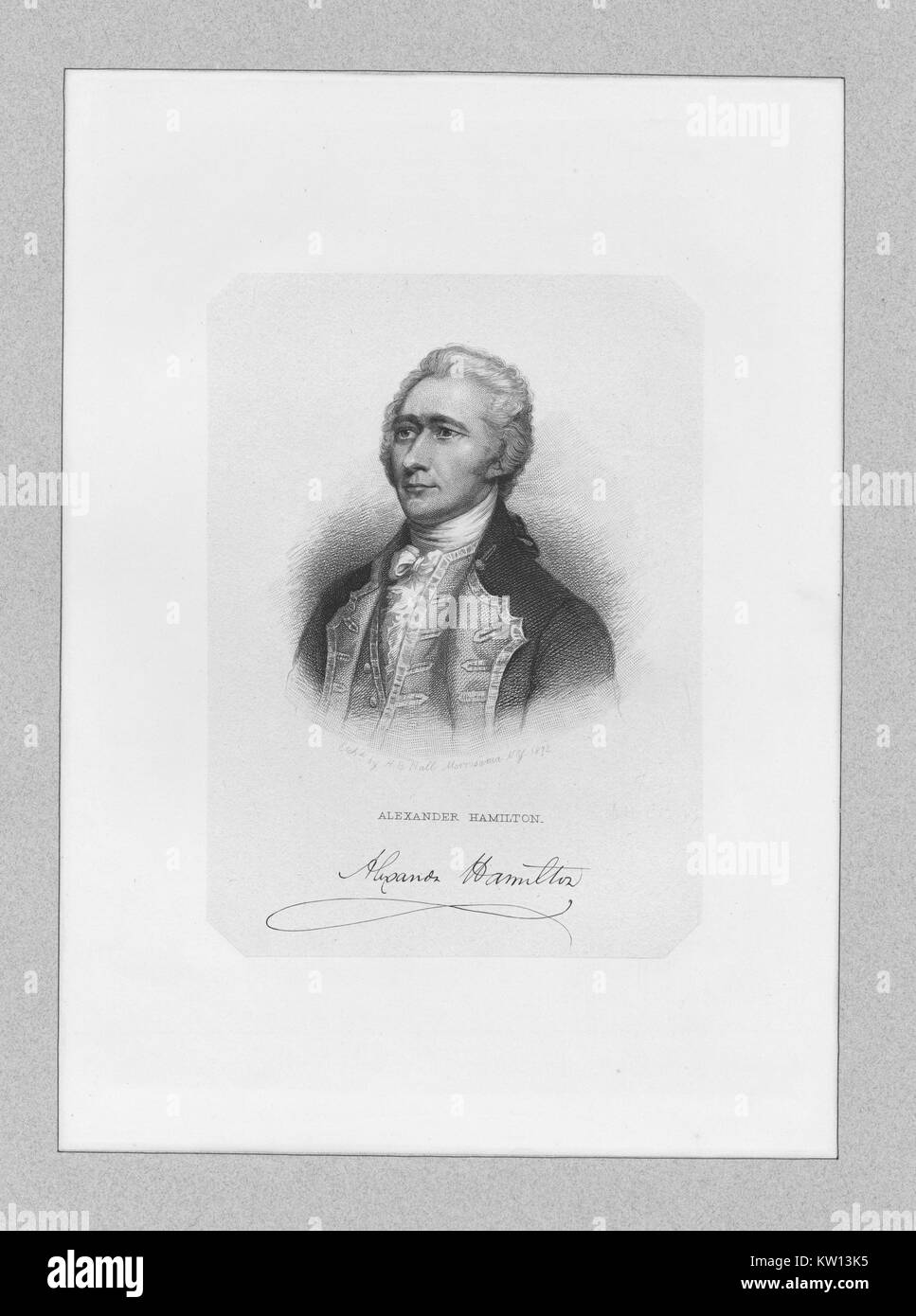 Eine radierung von einem Porträt von Alexander Hamilton, er war einer der Gründerväter der Vereinigten Staaten von Amerika, als Chief personal Berater von George Washington während des Amerikanischen Unabhängigkeitskrieges und war der erste Außenminister der Vereinigten Staaten die Schatzkammer, das Bild verfügt über eine Reproduktion von Hamilton's Signatur, 1835. Von der New York Public Library. Stockfoto