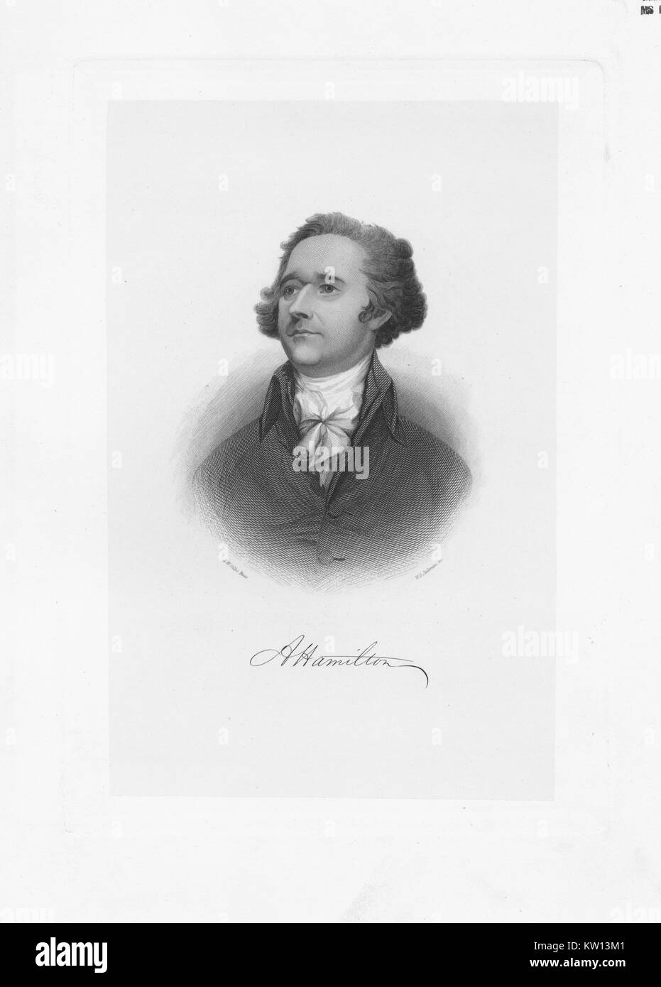 Eine radierung von einem Porträt von Alexander Hamilton, er war einer der Gründerväter der Vereinigten Staaten von Amerika, als Chief personal Berater von George Washington während des Amerikanischen Unabhängigkeitskrieges und war der erste Außenminister der Vereinigten Staaten die Schatzkammer, 1846. Von der New York Public Library. Stockfoto