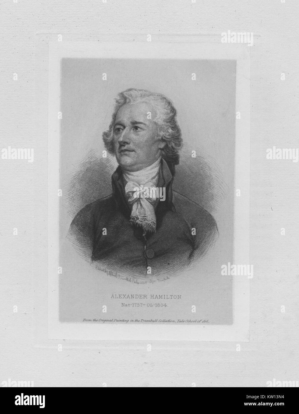 Eine radierung von einem Porträt von Alexander Hamilton, er war einer der Gründerväter der Vereinigten Staaten von Amerika, als Chief personal Berater von George Washington während des Amerikanischen Unabhängigkeitskrieges und war der erste Außenminister der Vereinigten Staaten die Schatzkammer, die Jahre der Hamilton's Geburt und Tod sind unter seinem Portrait, 1846. Von der New York Public Library. Stockfoto