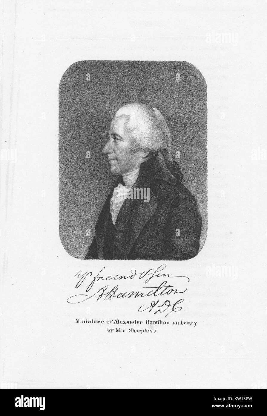Eine radierung von einem Porträt von Alexander Hamilton, er war einer der Gründerväter der Vereinigten Staaten von Amerika, als Chief personal Berater von George Washington während des Amerikanischen Unabhängigkeitskrieges und war der erste Außenminister der Vereinigten Staaten die Schatzkammer, das Bild verfügt über eine Reproduktion von Hamilton's Signatur, 1860. Von der New York Public Library. Stockfoto