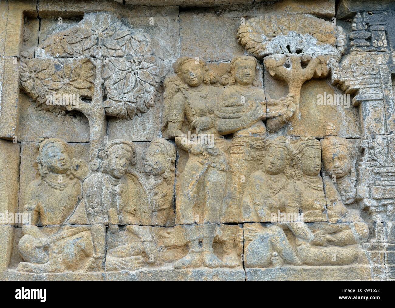 Detail der Buddhistischen geschnitzte Relief in Borobudur Tempel in Yogyakarta, Java, Indonesien. Stockfoto