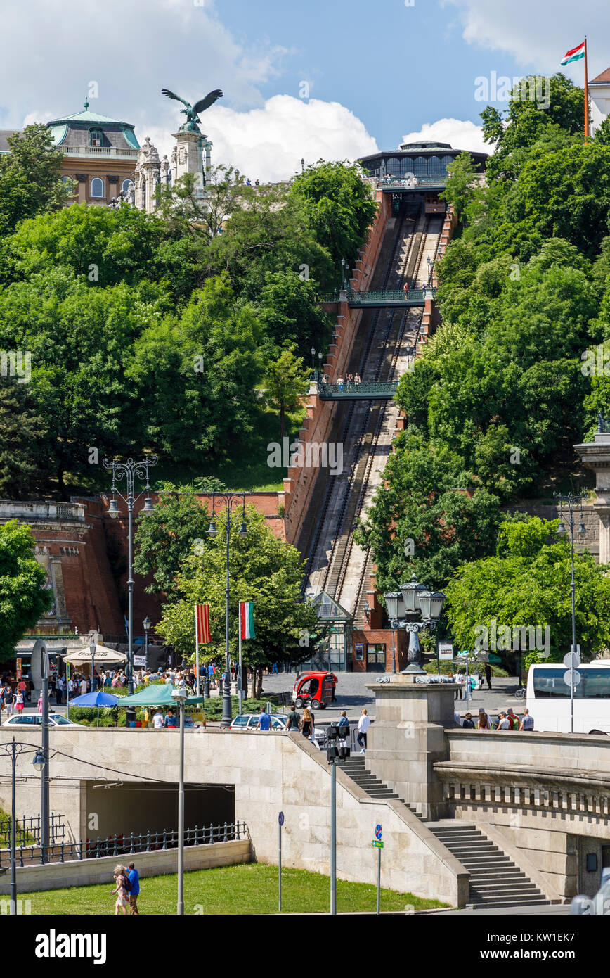 Blick auf den beliebten antiken Siklo Castle Hill Standseilbahn von Adam Clark Platz der Budaer Burg, Buda, Budapest, die Hauptstadt von Ungarn Stockfoto