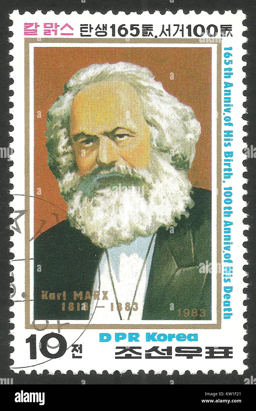 DPR Korea - Stempel 1983: Color Edition auf bedeutende Persönlichkeiten, zeigt Porträt von Karl Marx Stockfoto