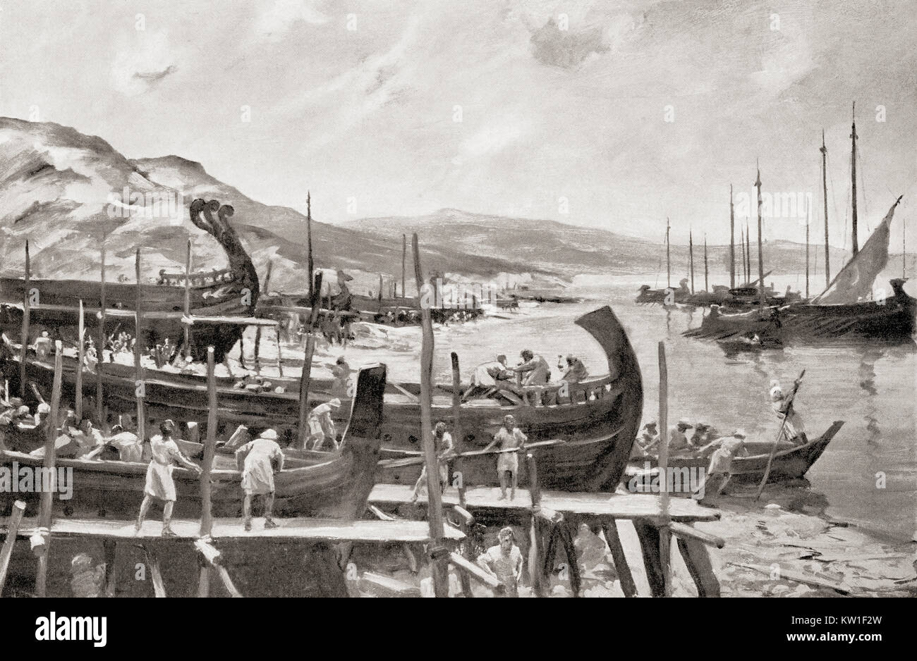 Arbeitnehmer Aufbau einer Flotte von Schiffen, die im antiken Rom. Nach dem Gemälde von Allan Stewart, (1865-1951). Von Hutchinson's Geschichte der Nationen, veröffentlicht 1915. Stockfoto