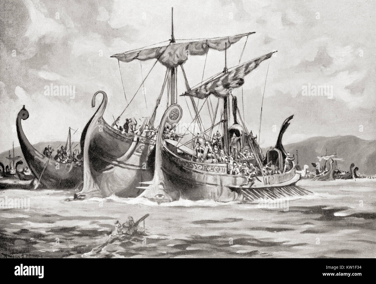 Der römische Sieg in der Schlacht von Mylae, 260 v. Chr. während des Ersten Punischen Krieges. Von Hutchinson's Geschichte der Nationen, veröffentlicht 1915. Stockfoto